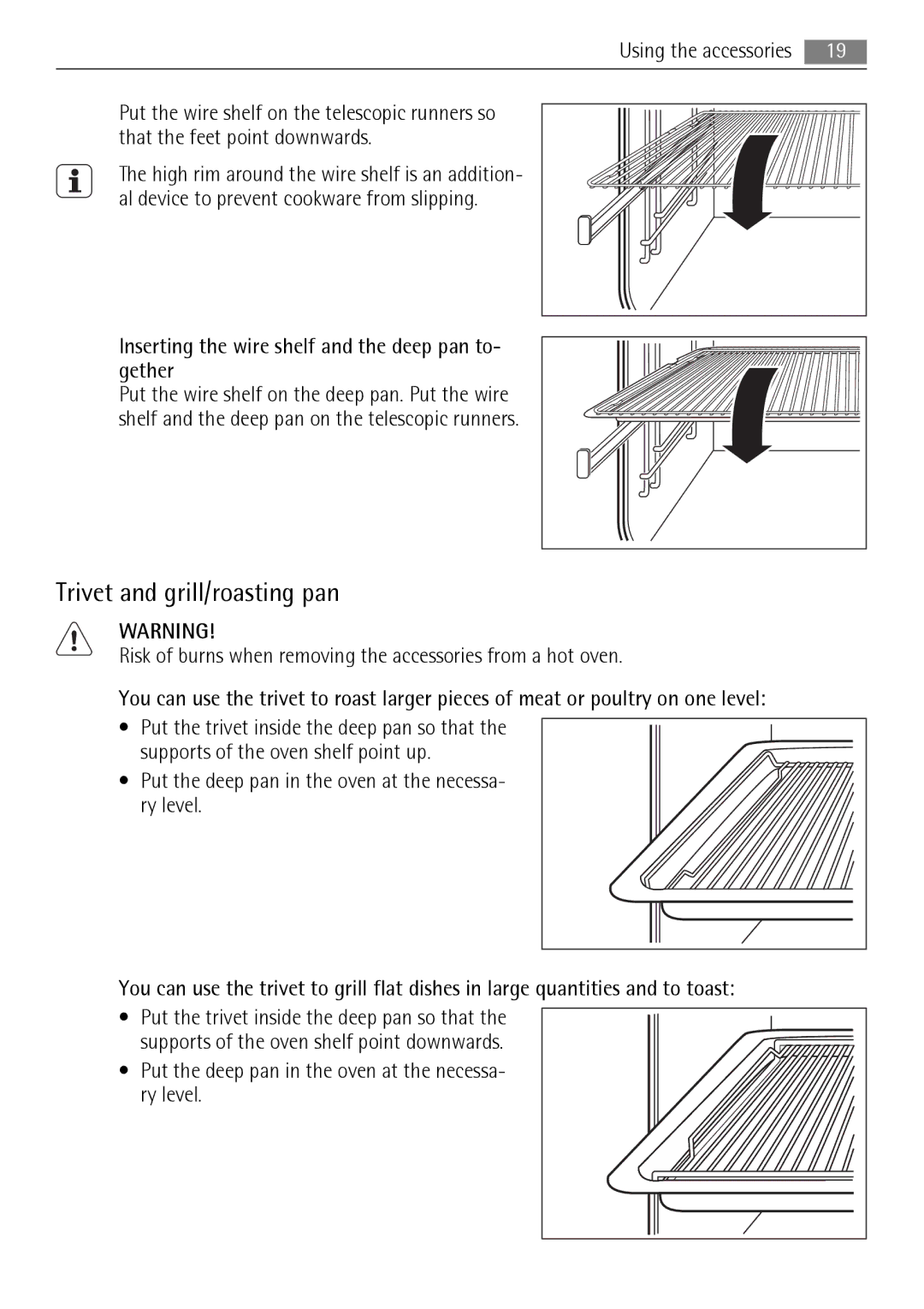 AEG BP8314001 user manual Trivet and grill/roasting pan, Inserting the wire shelf and the deep pan to- gether 