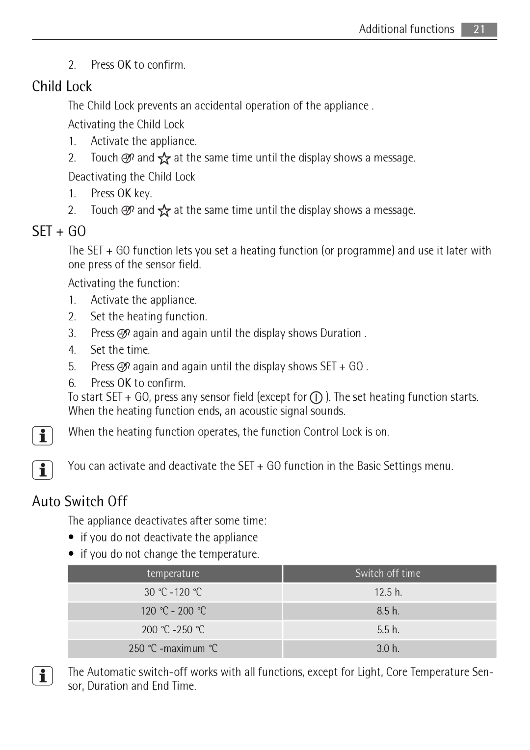 AEG BP8314001 user manual Child Lock, Auto Switch Off 