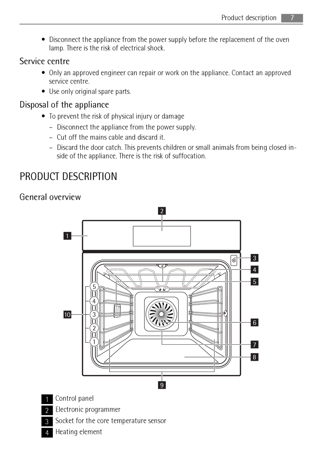 AEG BP8314001 user manual Product Description, Service centre, Disposal of the appliance, General overview 