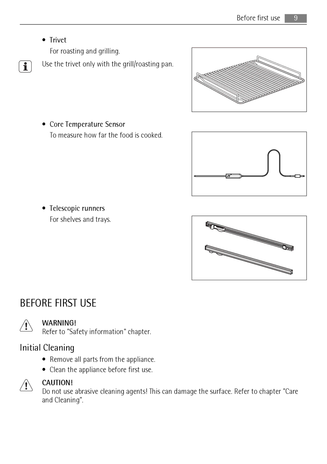 AEG BP8314001 user manual Before First USE, Initial Cleaning, Refer to Safety information chapter 