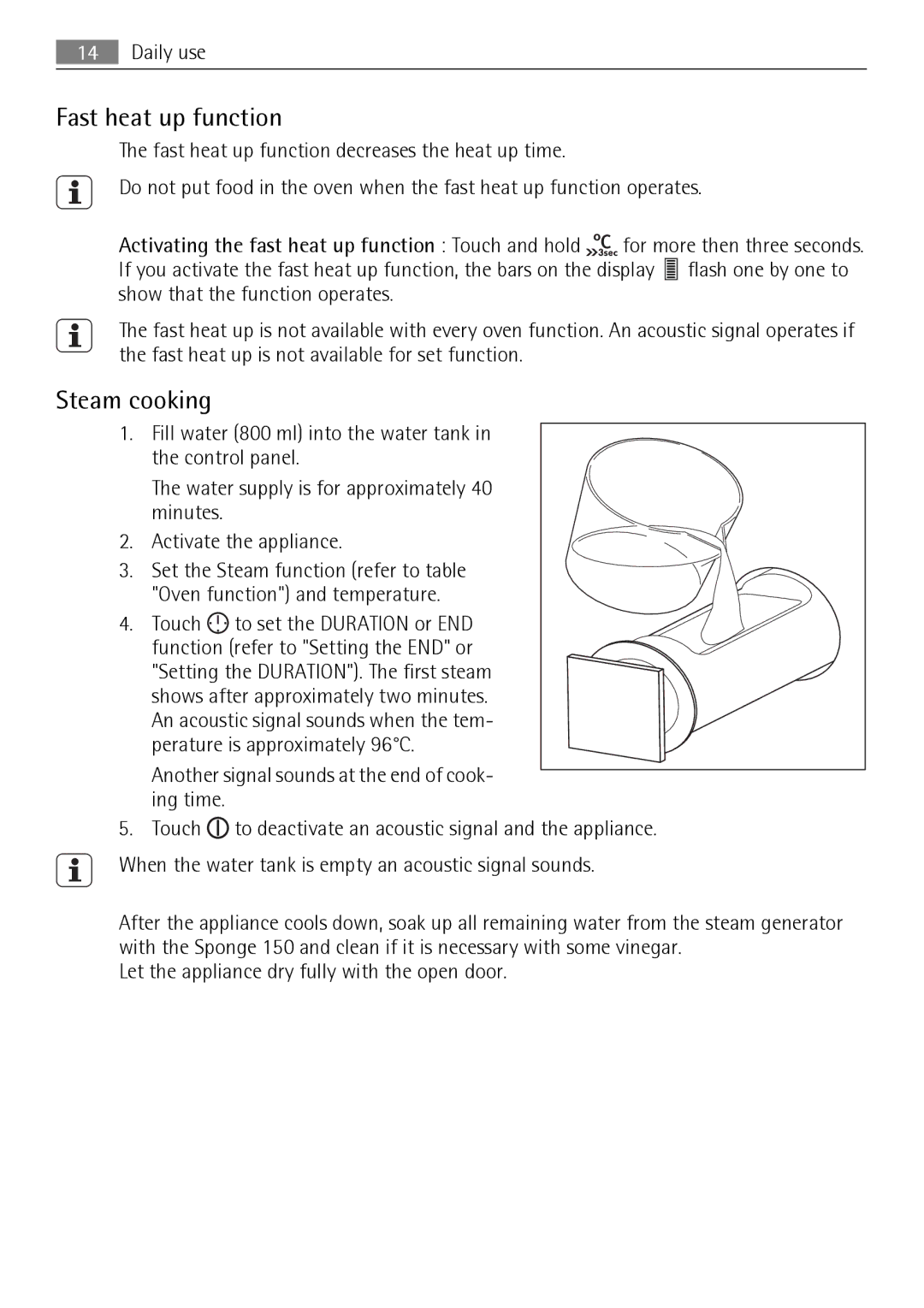 AEG BS7304001 user manual Fast heat up function, Another signal sounds at the end of cook- ing time 