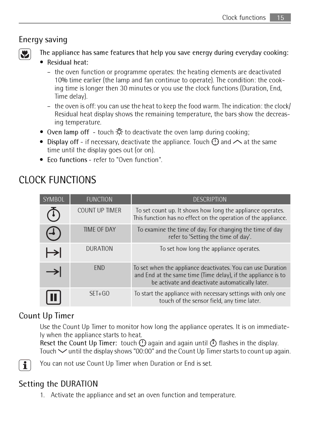 AEG BS7304001 user manual Clock Functions, Energy saving, Count Up Timer, Setting the Duration 