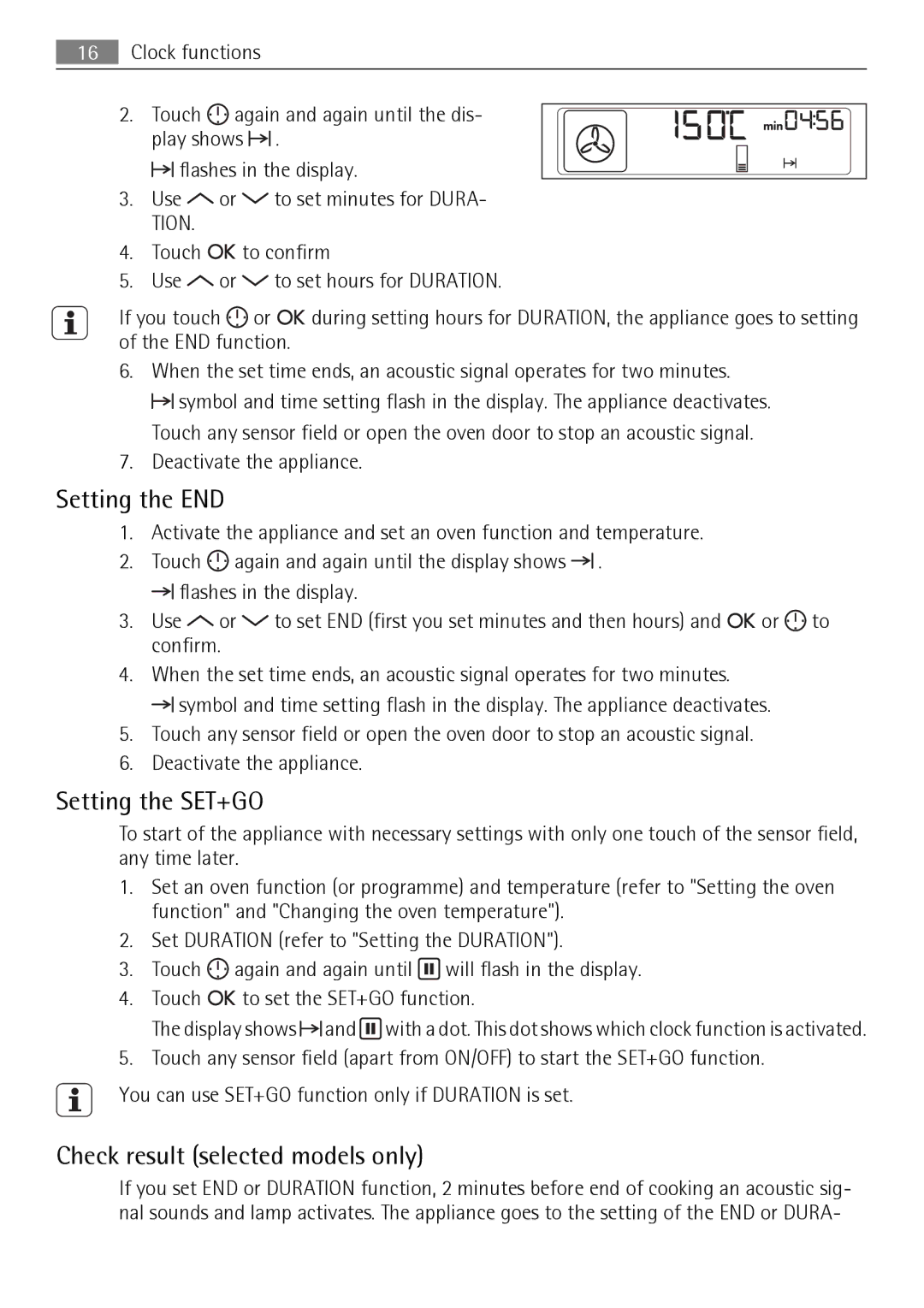 AEG BS7304001 user manual Setting the END, Setting the SET+GO, Check result selected models only 