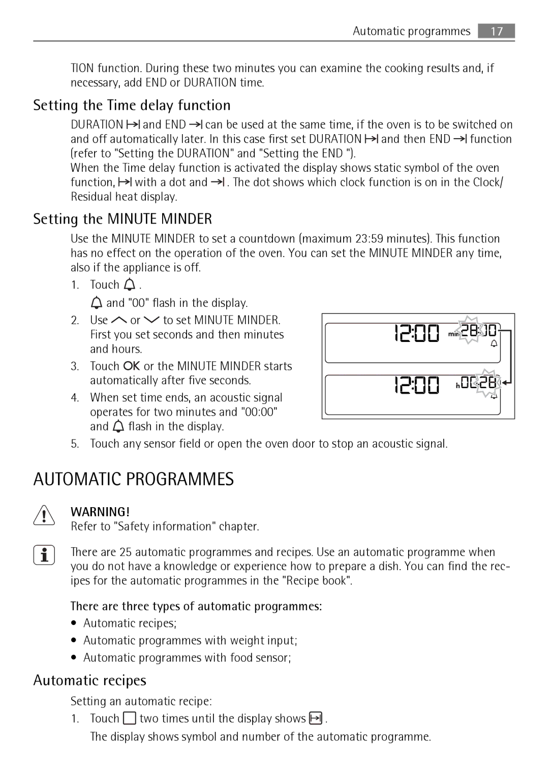 AEG BS7304001 Automatic Programmes, Setting the Time delay function, Setting the Minute Minder, Automatic recipes 