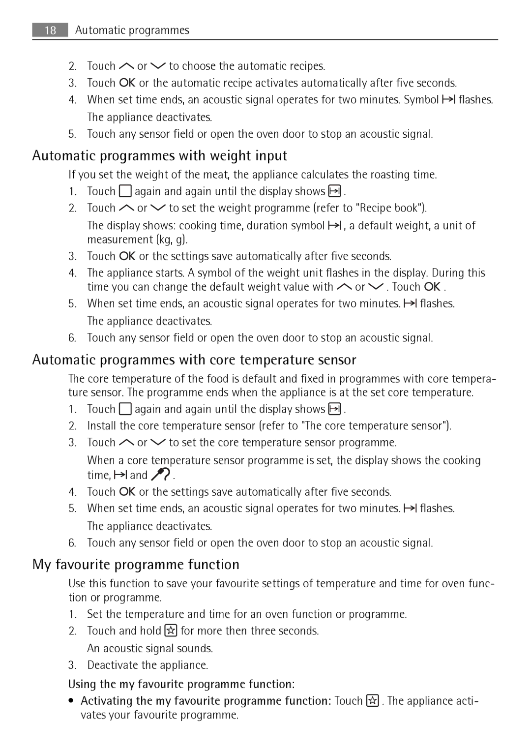 AEG BS7304001 user manual Automatic programmes with weight input, Automatic programmes with core temperature sensor 