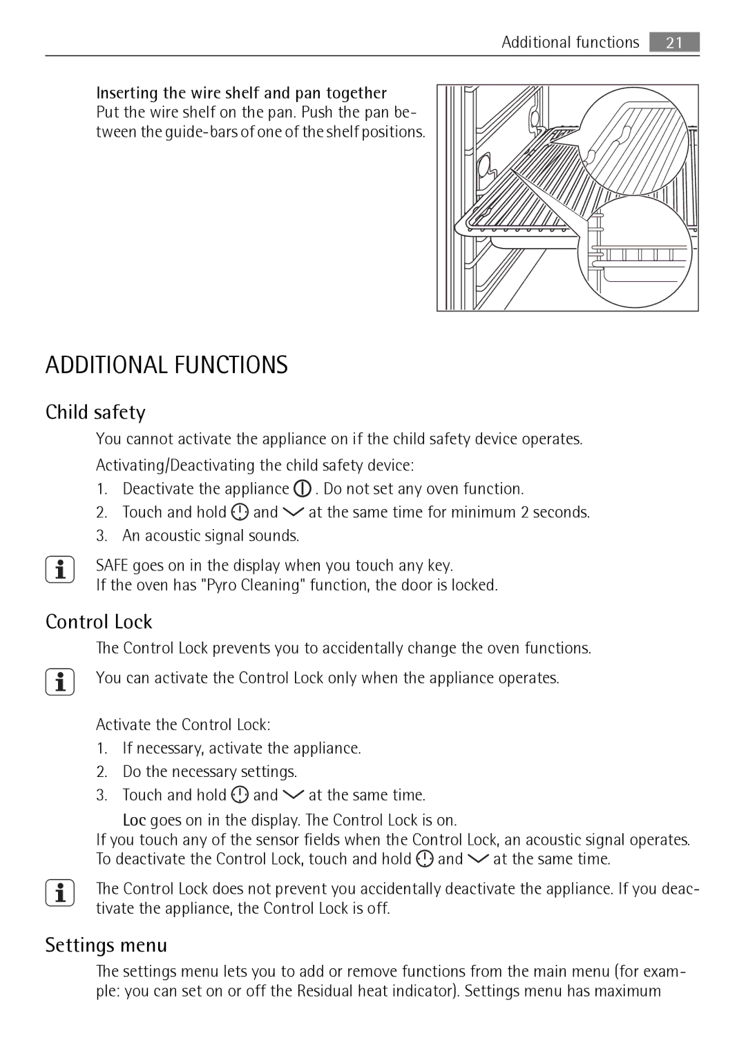 AEG BS7304001 user manual Additional Functions, Child safety, Control Lock, Settings menu 