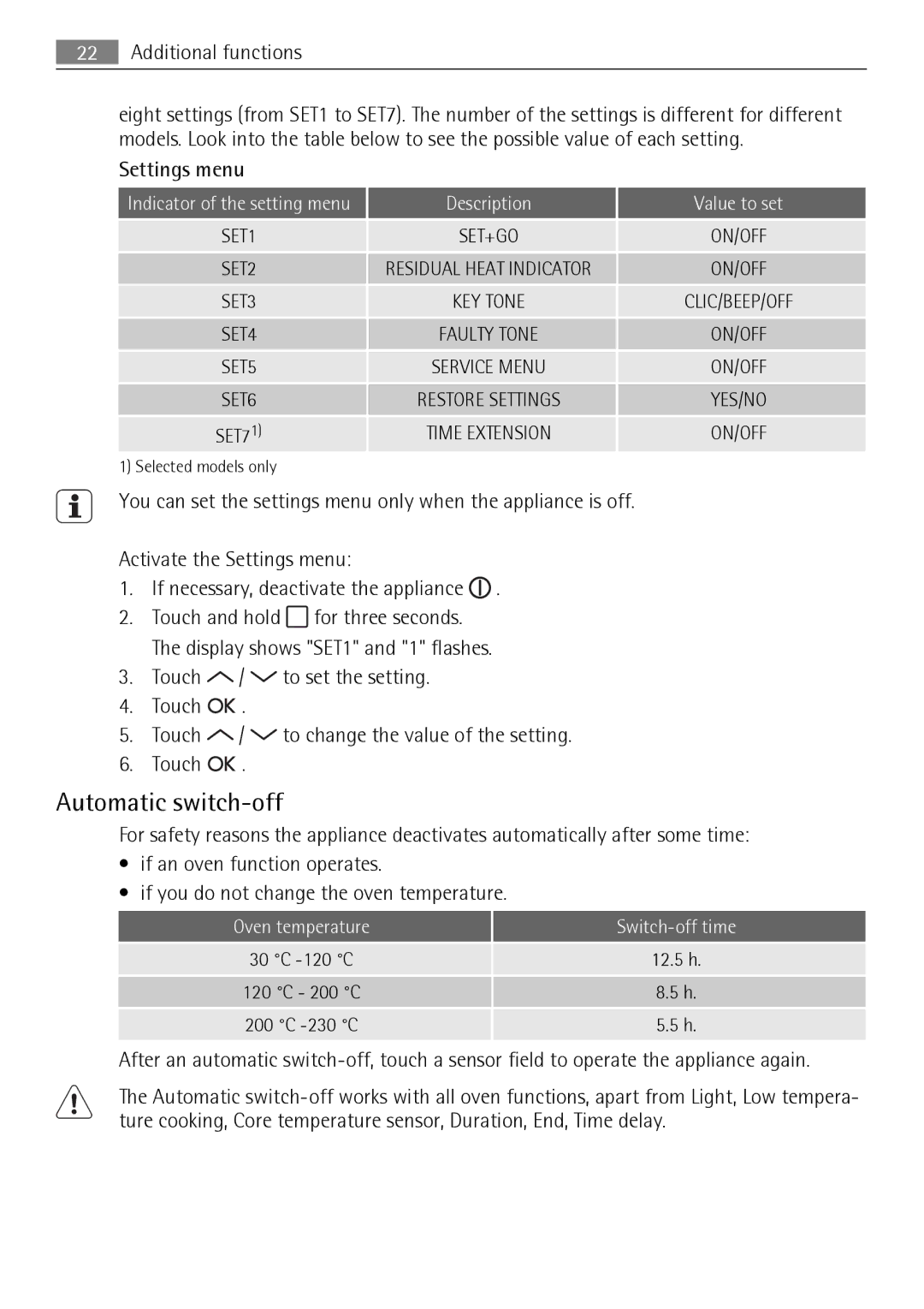 AEG BS7304001 user manual Automatic switch-off, Description Value to set, Oven temperature, Switch-off time 