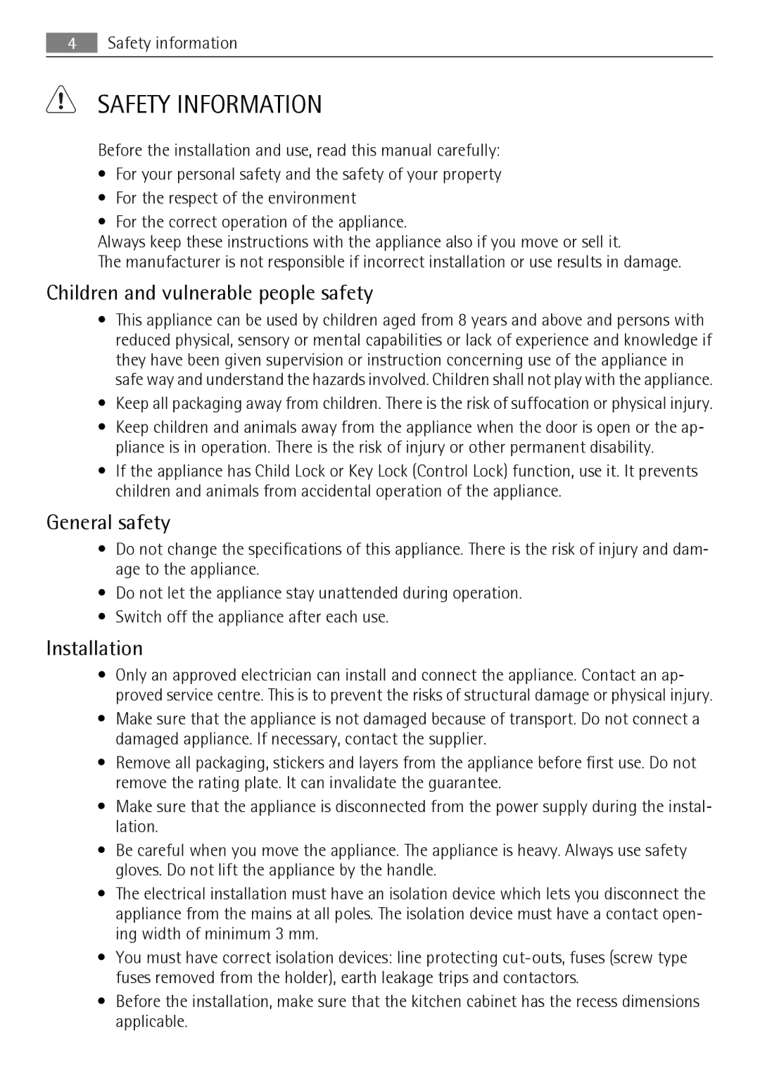 AEG BS7304001 user manual Safety Information, Children and vulnerable people safety, General safety, Installation 