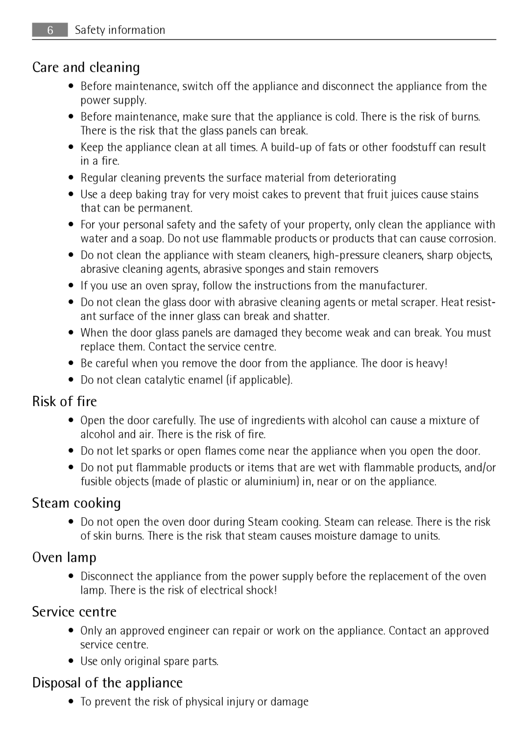 AEG BS7304001 Care and cleaning, Risk of fire, Steam cooking, Oven lamp, Service centre, Disposal of the appliance 