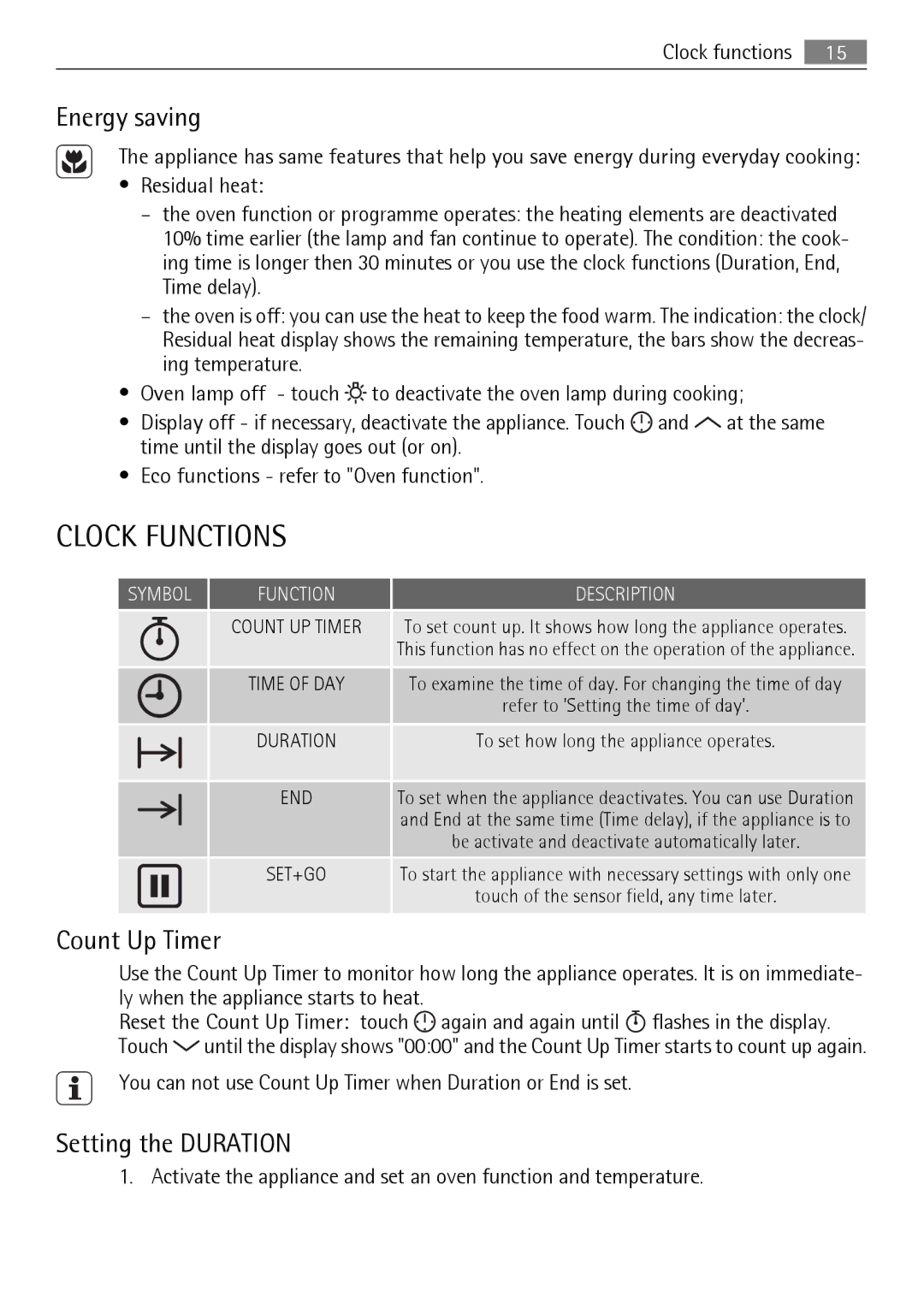 AEG BS7304001M user manual Clock Functions, Energy saving, Count Up Timer, Setting the Duration 