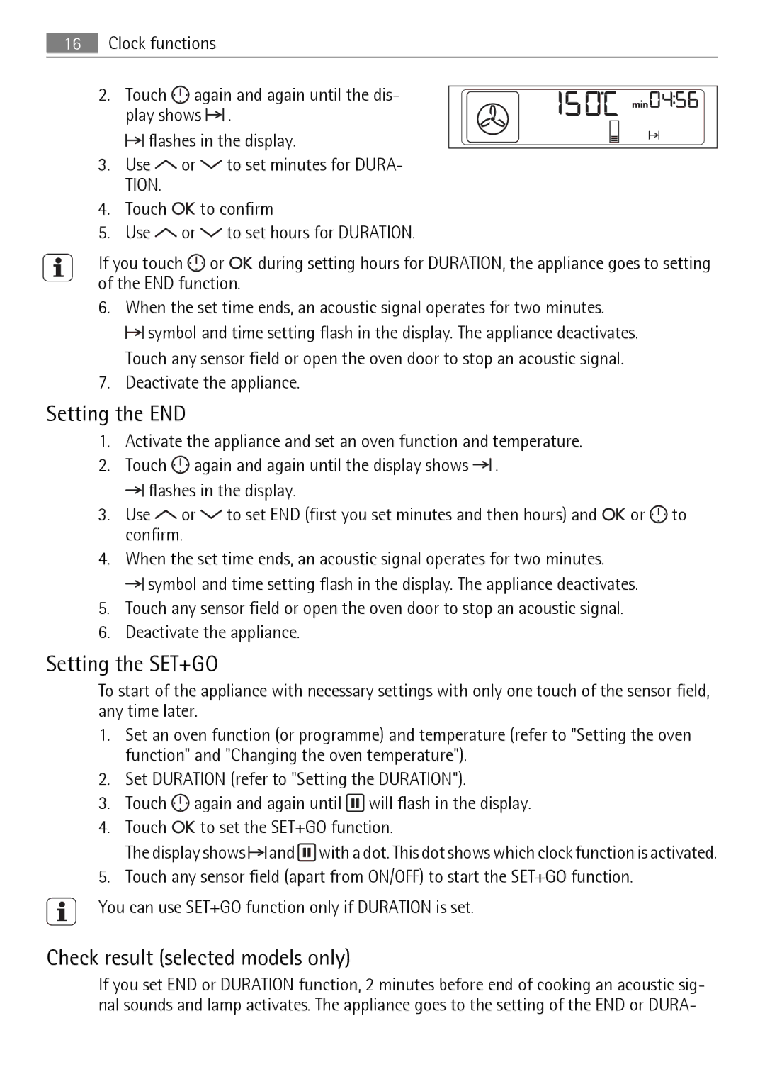 AEG BS7304001M user manual Setting the END, Setting the SET+GO, Check result selected models only 