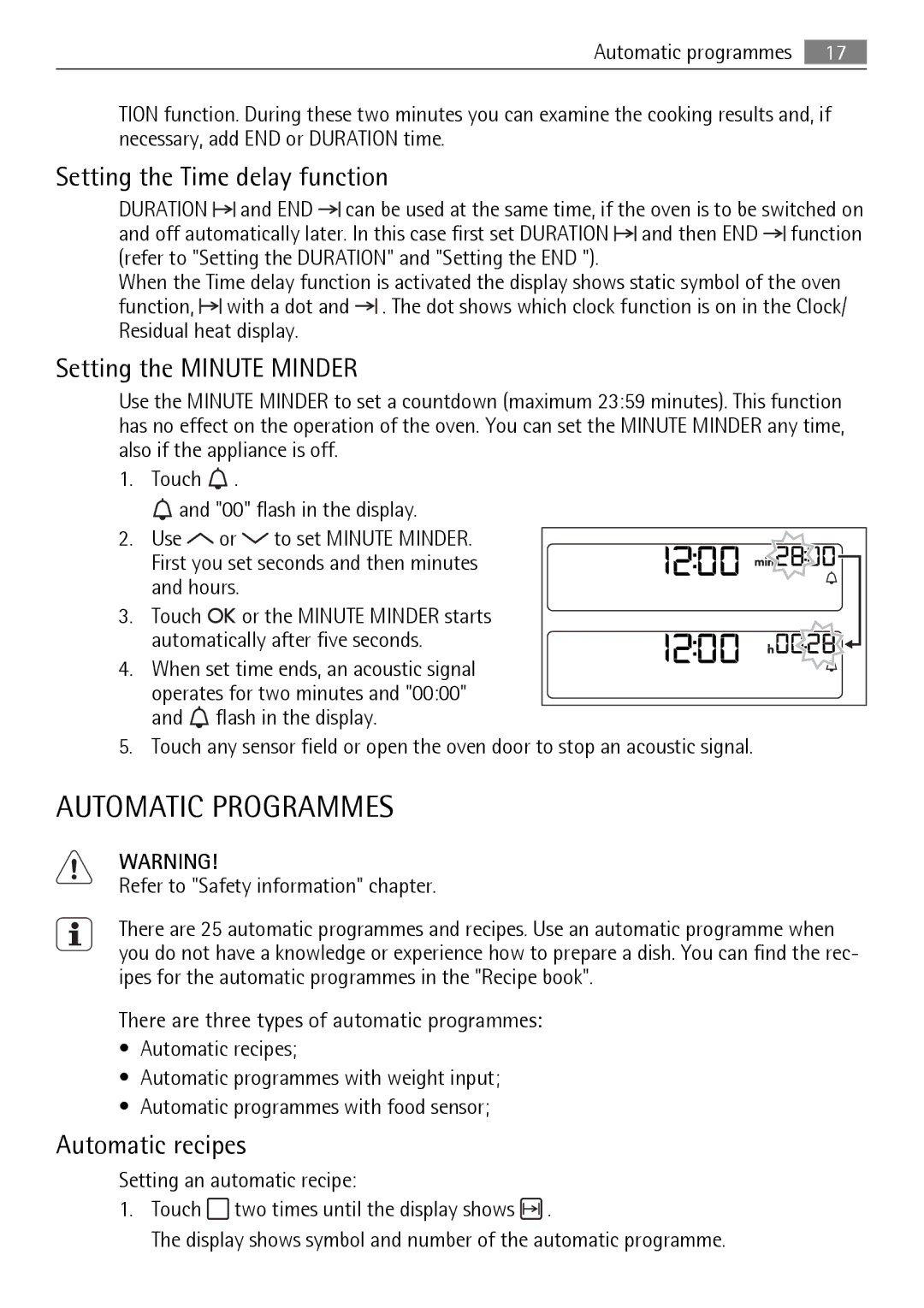 AEG BS7304001M Automatic Programmes, Setting the Time delay function, Setting the Minute Minder, Automatic recipes 