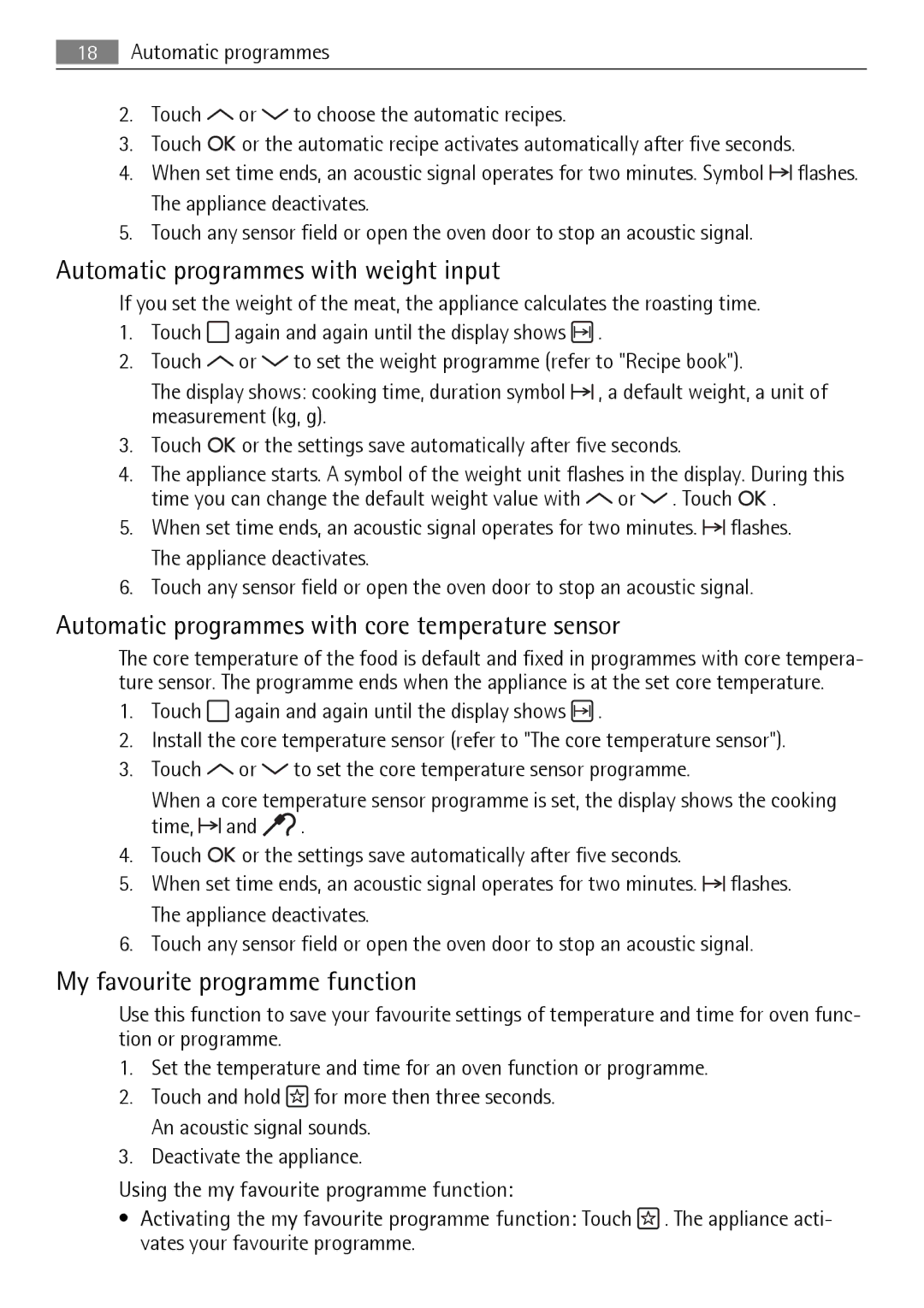 AEG BS7304001M user manual Automatic programmes with weight input, Automatic programmes with core temperature sensor 