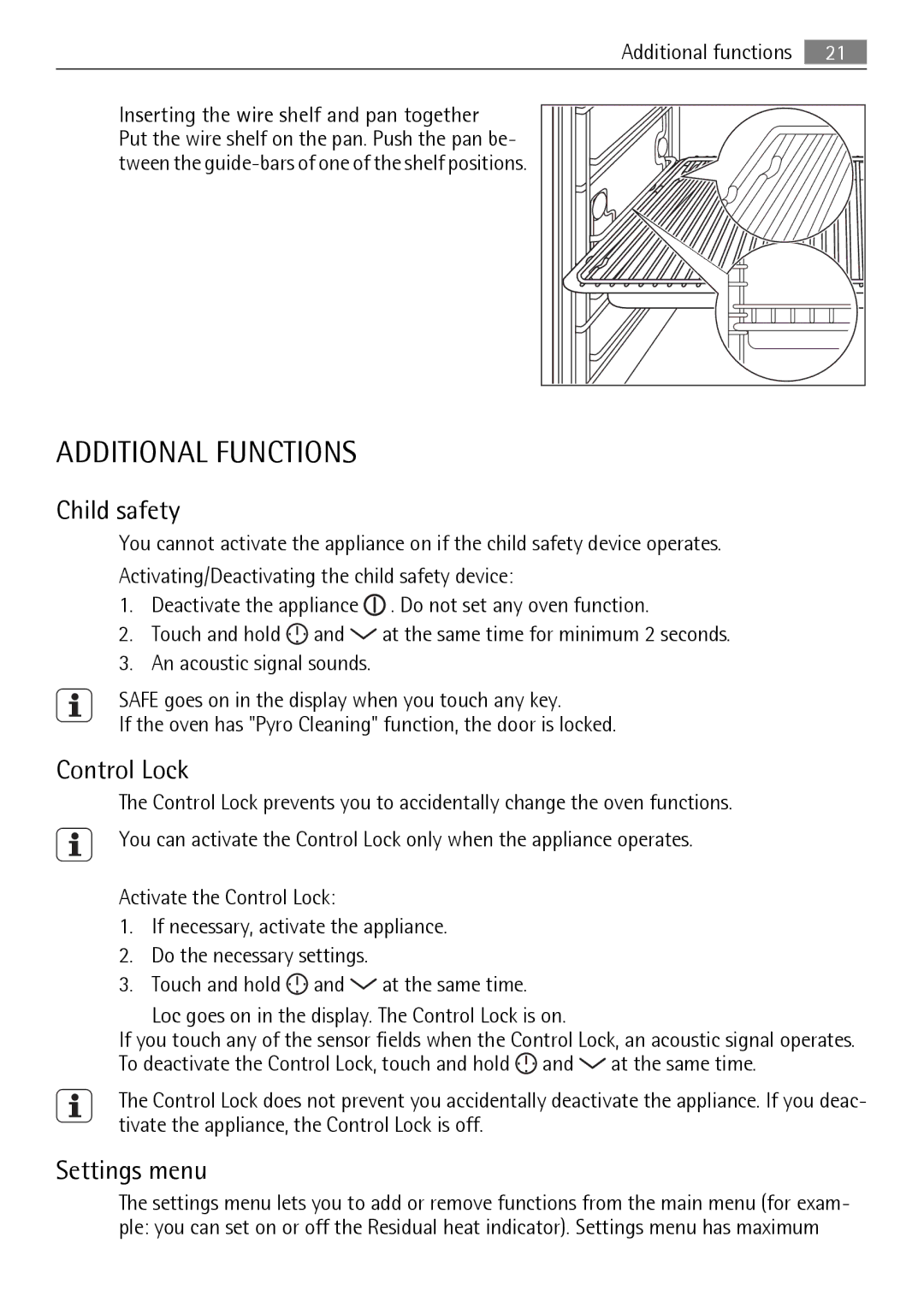 AEG BS7304001M user manual Additional Functions, Child safety, Control Lock, Settings menu 