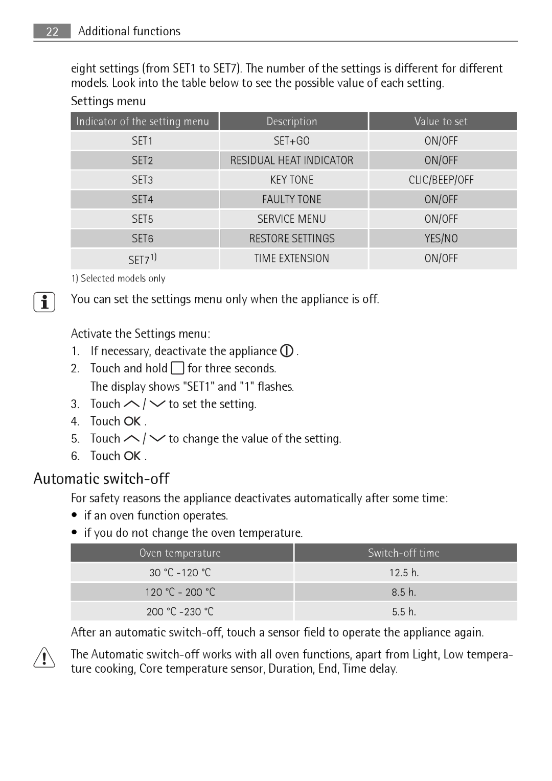 AEG BS7304001M user manual Automatic switch-off, Description Value to set, Oven temperature, Switch-off time 