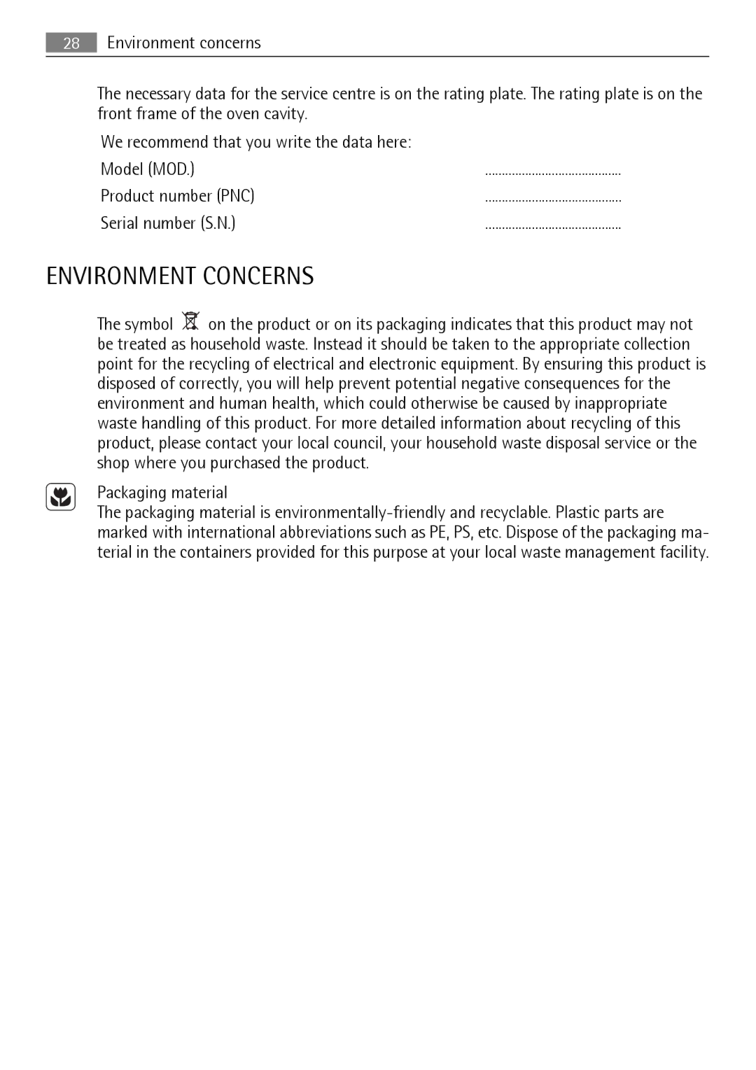 AEG BS7304001M user manual Environment Concerns, Packaging material 