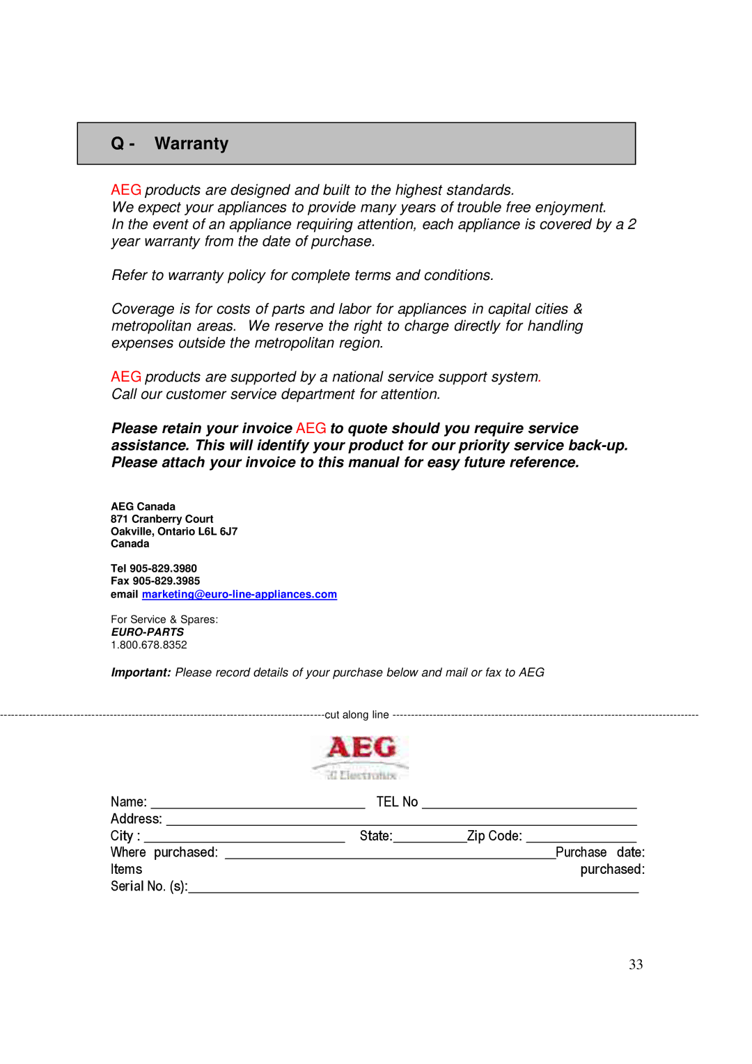 AEG BS7304001M user manual Warranty 