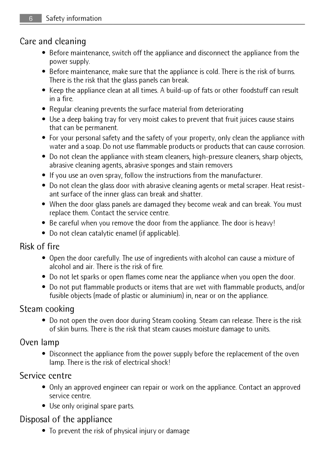 AEG BS7304001M Care and cleaning, Risk of fire, Steam cooking, Oven lamp, Service centre, Disposal of the appliance 