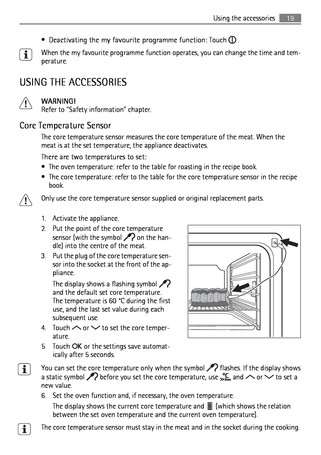 AEG BS7304001M user manual Using The Accessories, Core Temperature Sensor 