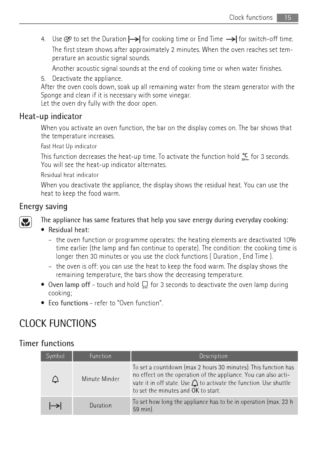 AEG BS9304001 user manual Clock Functions, Heat-up indicator, Energy saving, Timer functions 