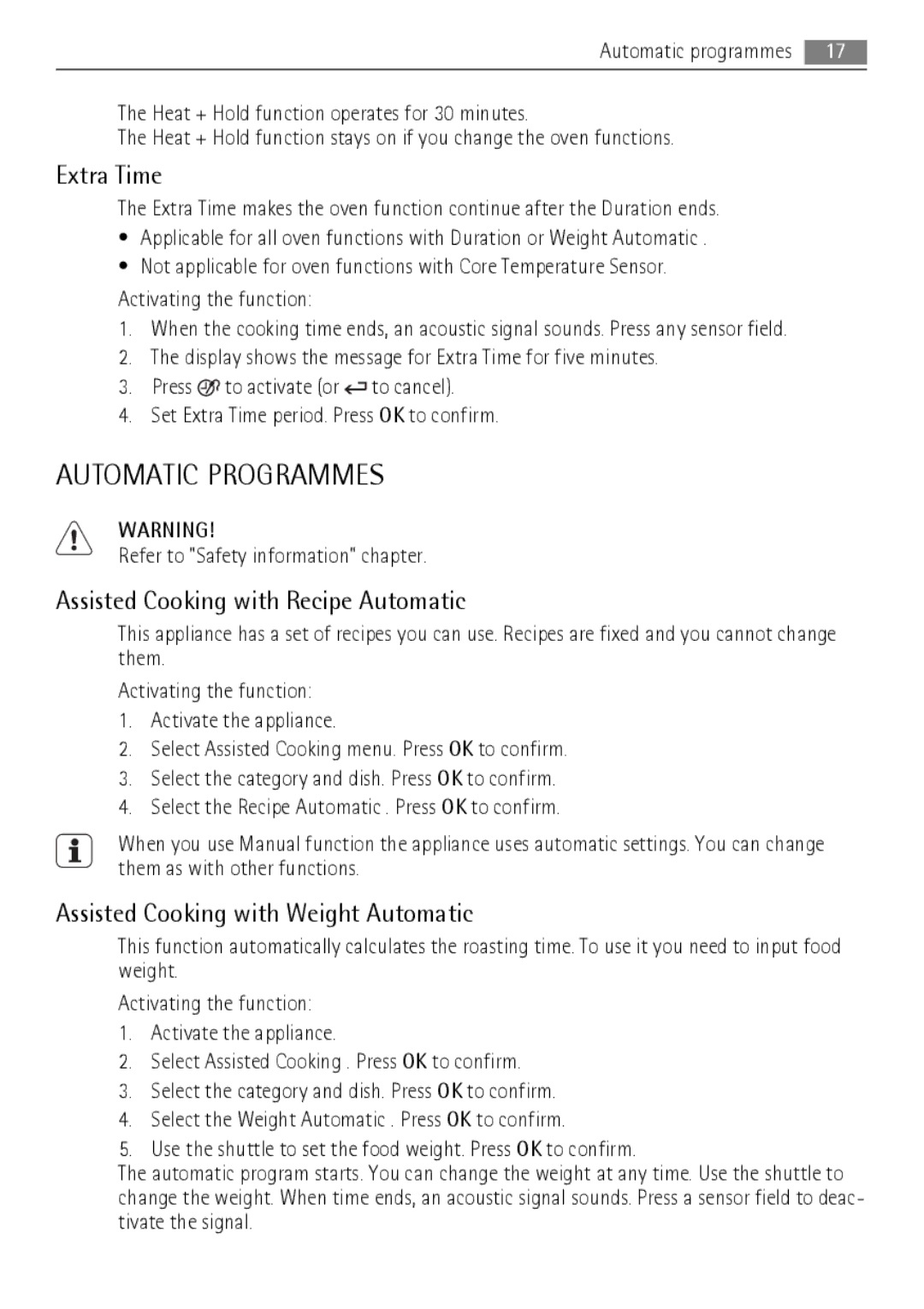 AEG BS9304001 user manual Automatic Programmes, Extra Time, Assisted Cooking with Recipe Automatic 