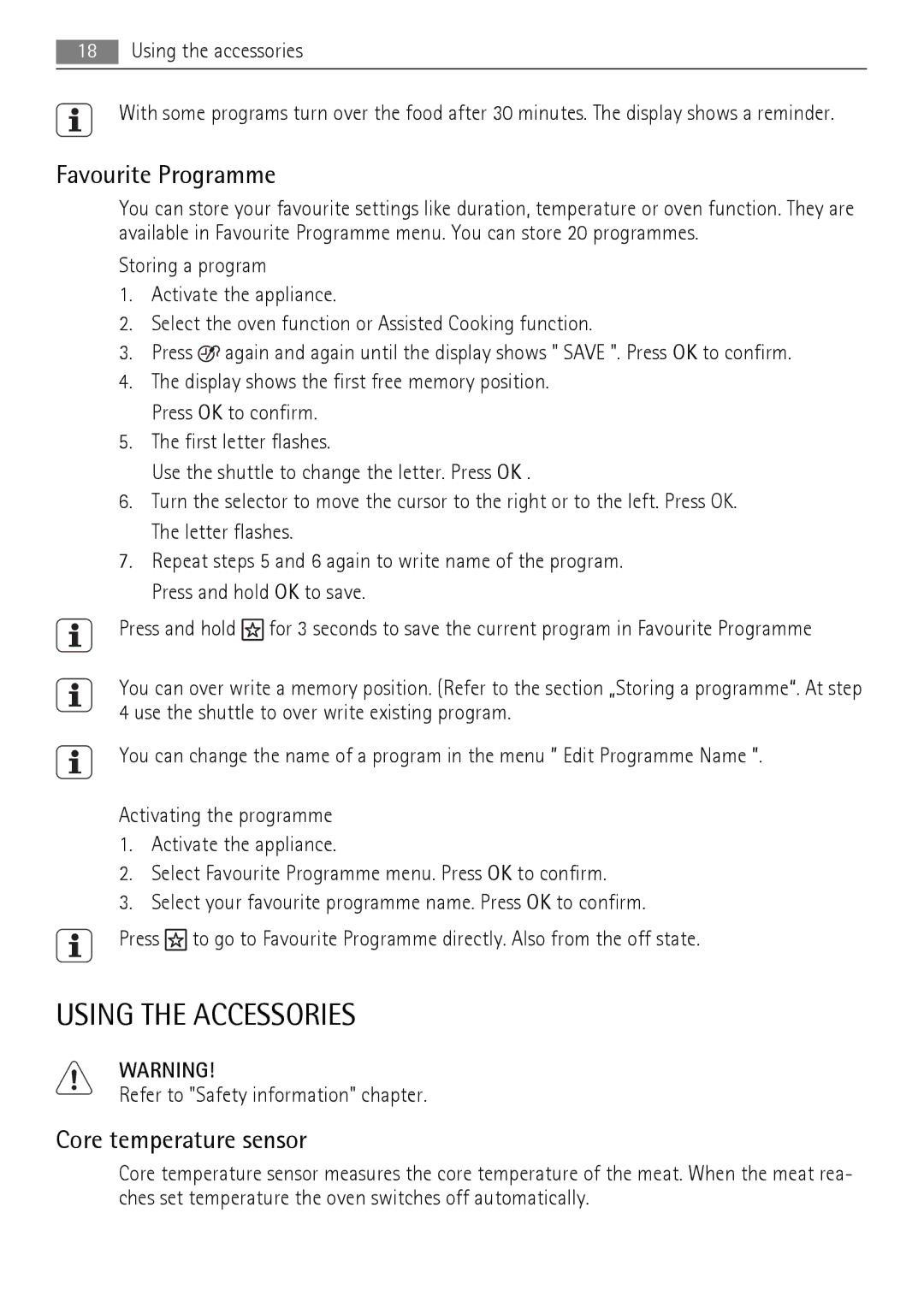 AEG BS9304001 user manual Using the Accessories, Favourite Programme, Core temperature sensor 