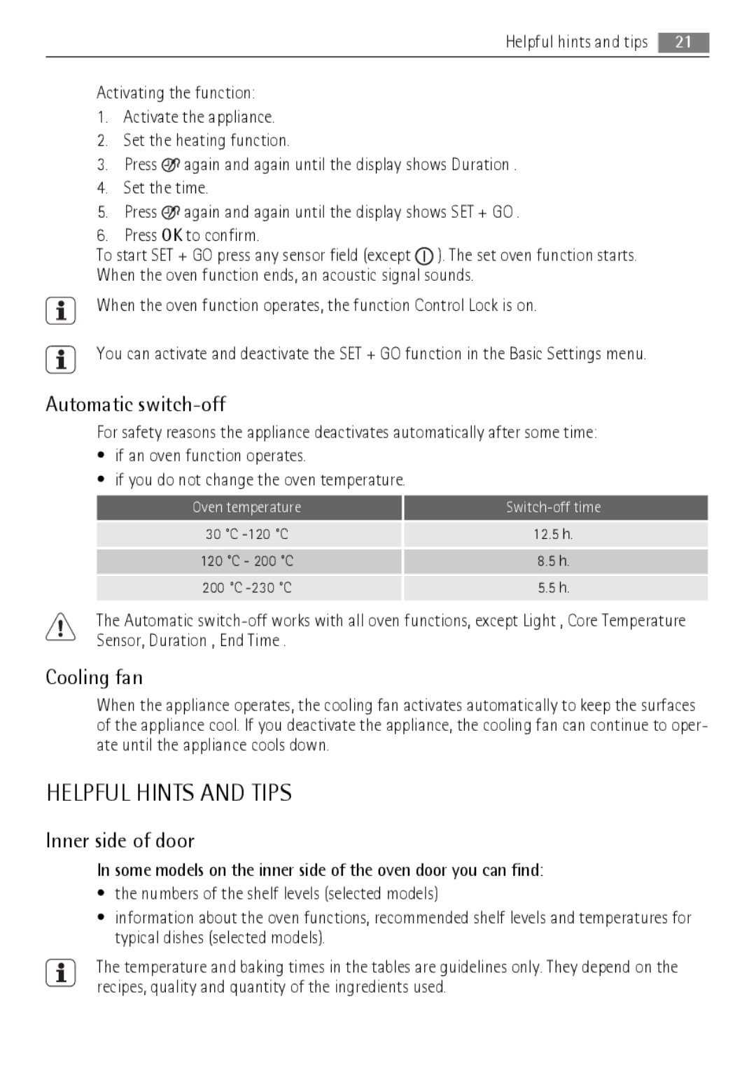 AEG BS9304001 user manual Helpful Hints and Tips, Automatic switch-off, Cooling fan, Inner side of door 