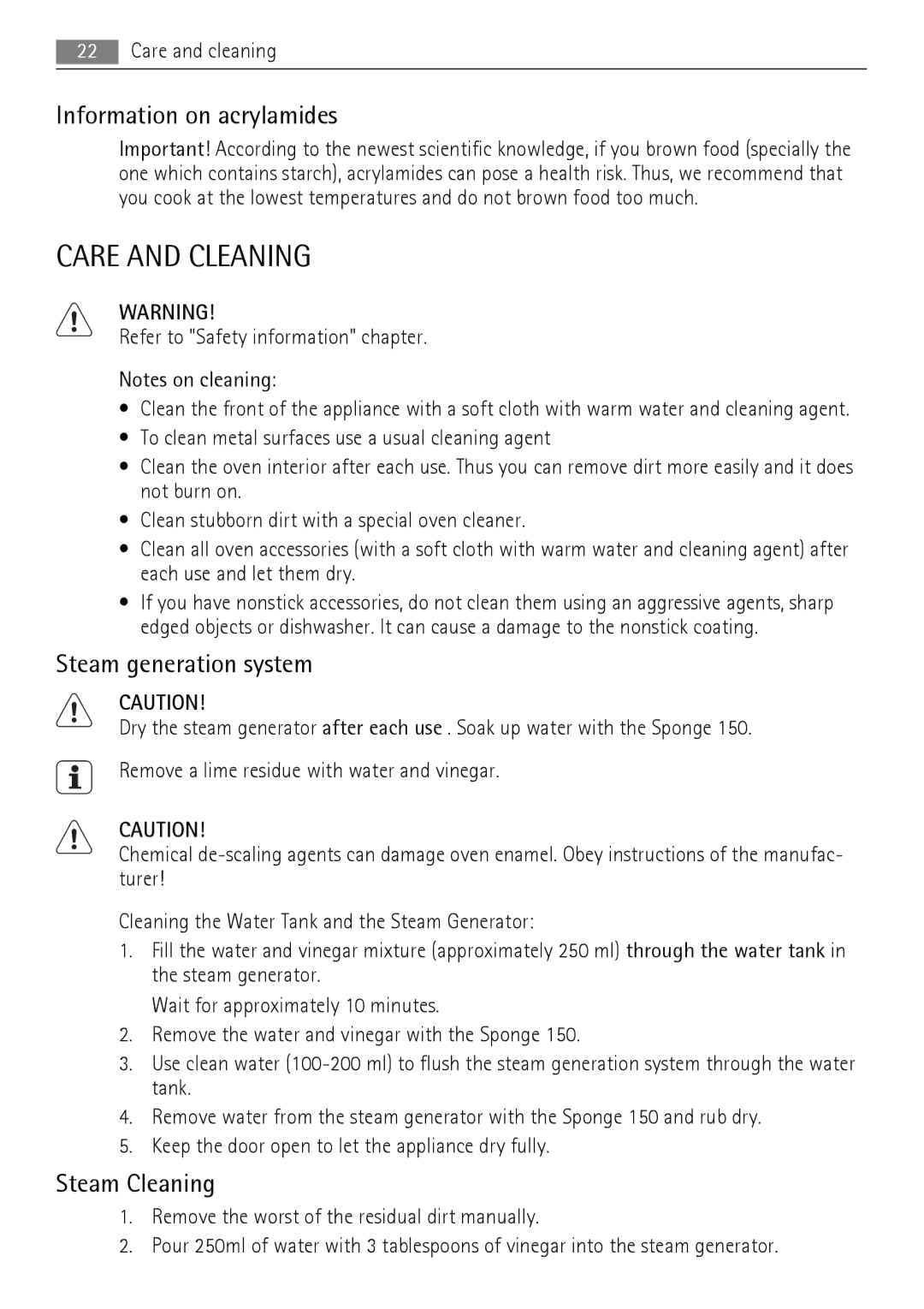 AEG BS9304001 user manual Care and Cleaning, Information on acrylamides, Steam generation system, Steam Cleaning 