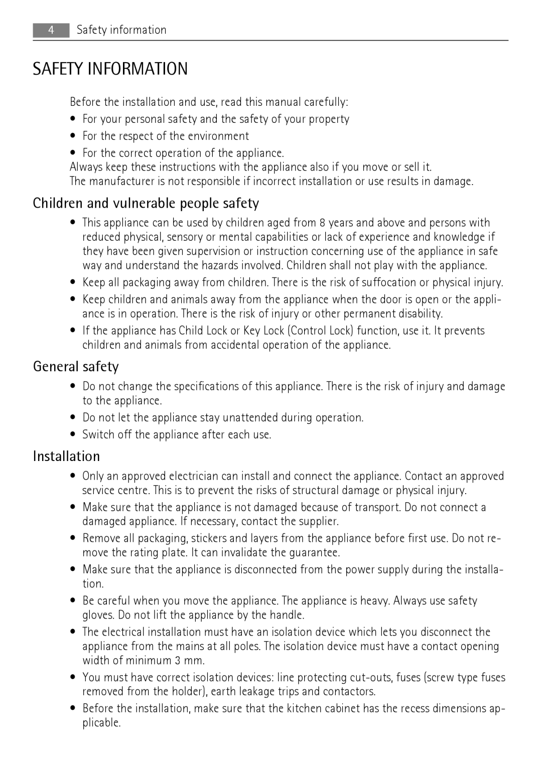 AEG BS9304001 user manual Safety Information, Children and vulnerable people safety, General safety, Installation 