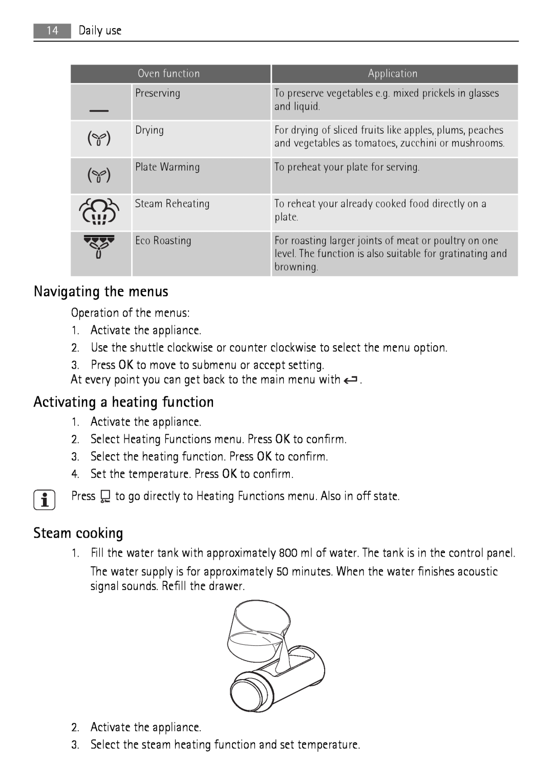AEG BS9304001 user manual Navigating the menus, Activating a heating function, Steam cooking 