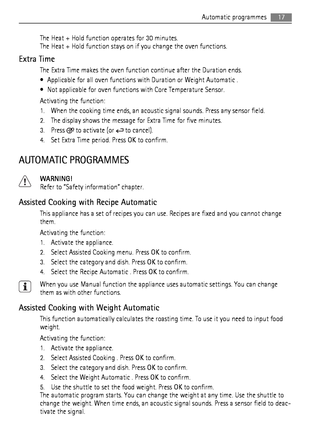 AEG BS9304001 user manual Automatic Programmes, Extra Time, Assisted Cooking with Recipe Automatic 