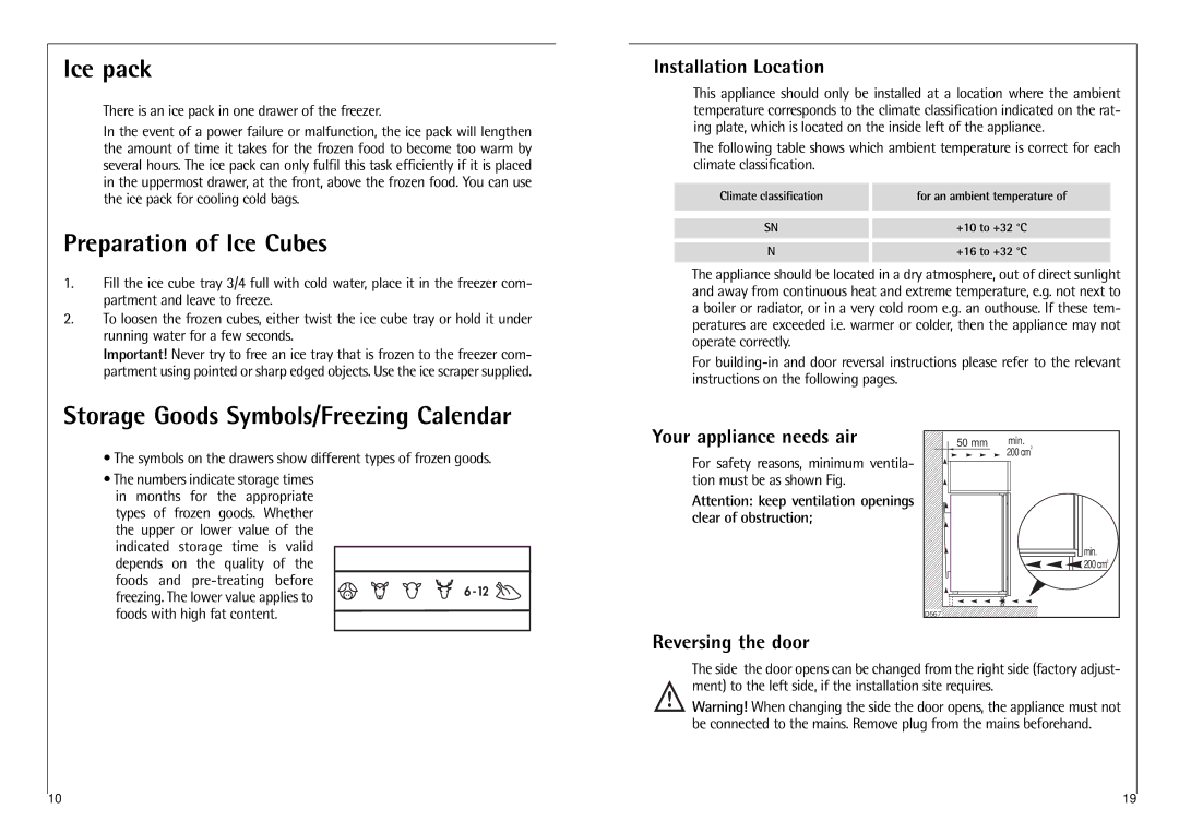 AEG C 7 14 40 I installation instructions Ice pack, Preparation of Ice Cubes, Storage Goods Symbols/Freezing Calendar 