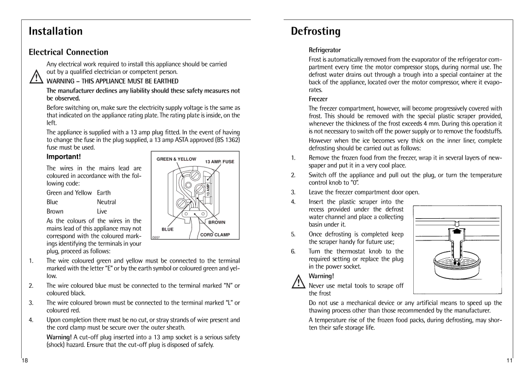 AEG C 7 14 40 I installation instructions Installation, Defrosting, Electrical Connection 