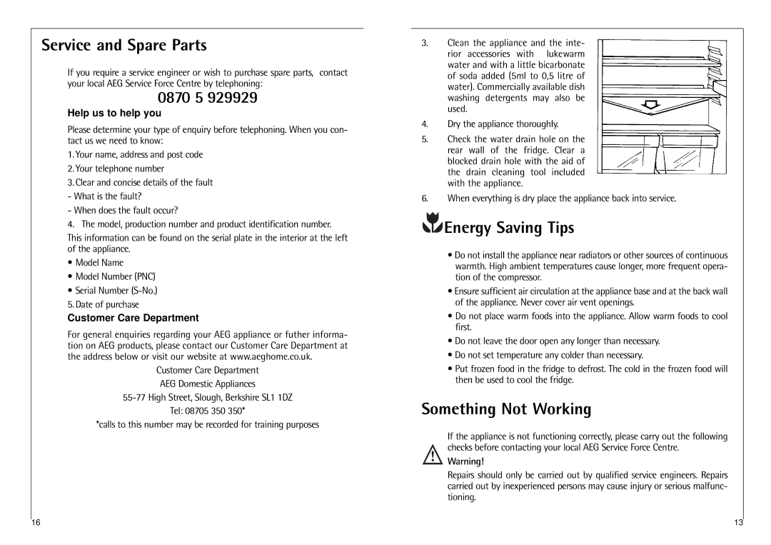 AEG C 7 14 40 I installation instructions Service and Spare Parts, 0870 5, Energy Saving Tips, Something Not Working 