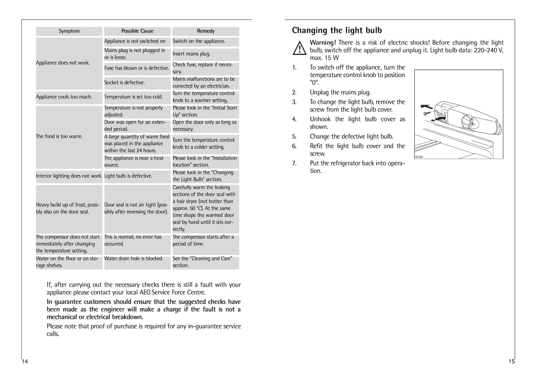 AEG C 7 14 40 I installation instructions Changing the light bulb, Put the refrigerator back into opera- tion 