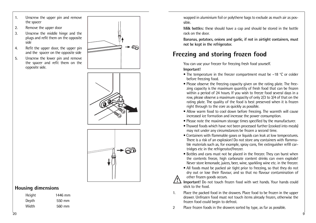 AEG C 7 14 40 I installation instructions Freezing and storing frozen food, Housing dimensions, Height, Depth, Width 