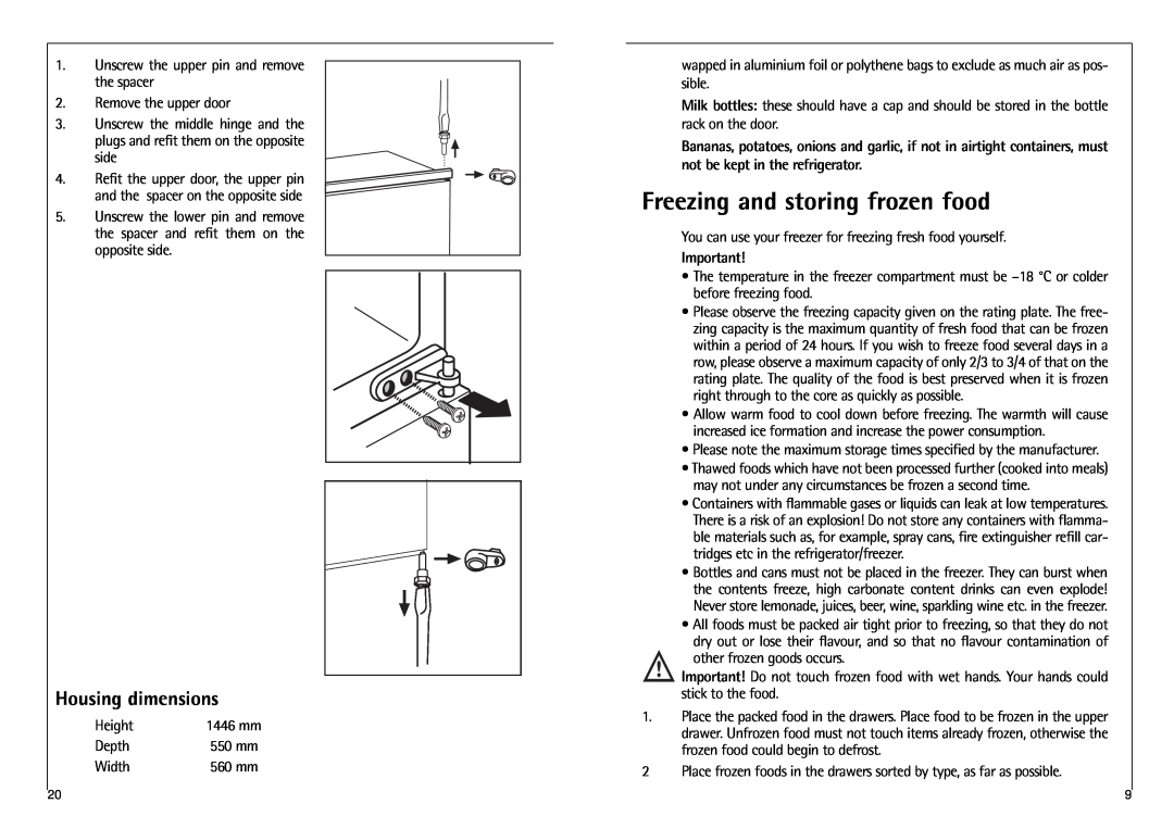 AEG C 7 14 40 I installation instructions Freezing and storing frozen food, Housing dimensions 