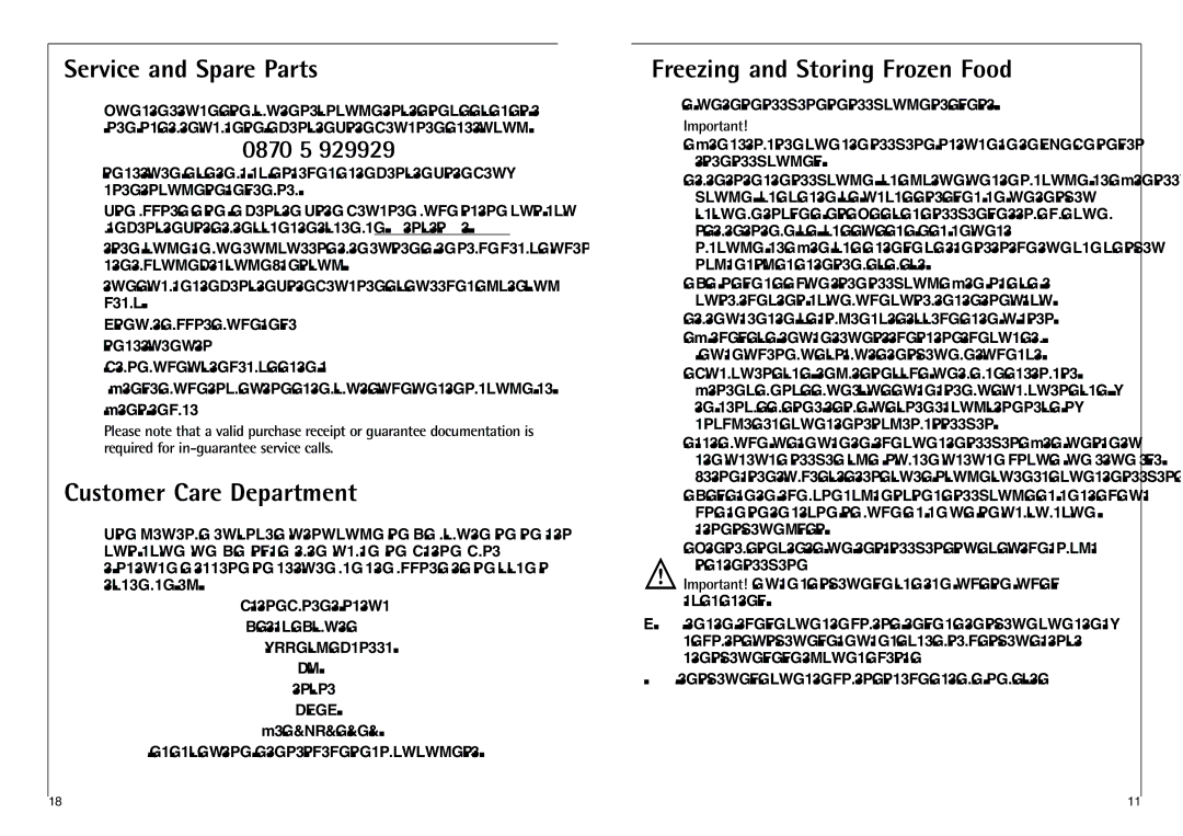 AEG C 7 18 40-4I Service and Spare Parts, 0870 5, Customer Care Department, Freezing and Storing Frozen Food 