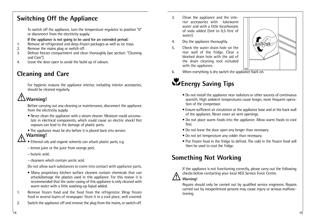 AEG C 7 18 40-4I Switching Off the Appliance, Cleaning and Care, Energy Saving Tips, Something Not Working 