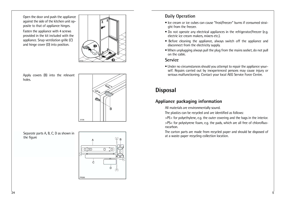 AEG C 7 18 40-4I installation instructions Disposal, Daily Operation, Service, Appliance packaging information 