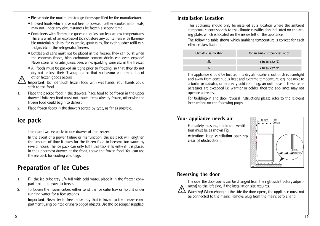 AEG C 7 18 40 I Ice pack, Preparation of Ice Cubes, Installation Location, Your appliance needs air, Reversing the door 