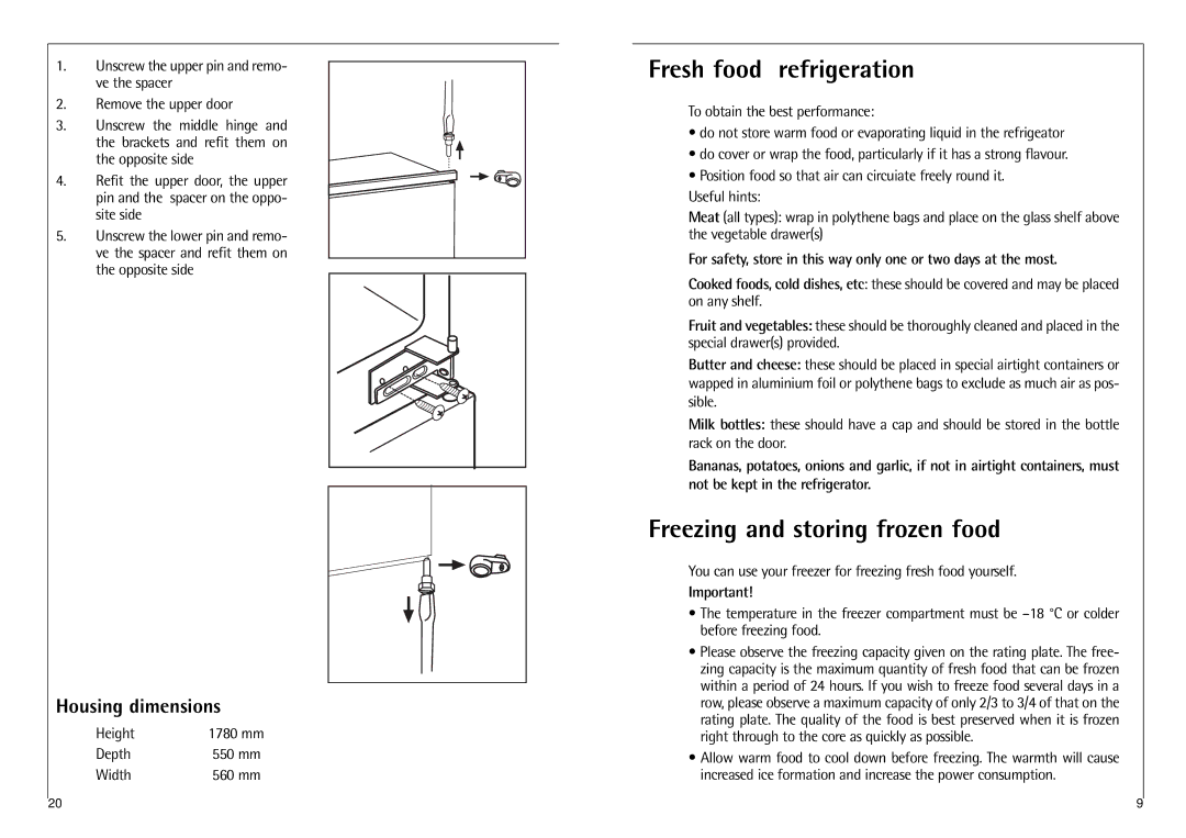 AEG C 7 18 40 I installation instructions Fresh food refrigeration, Freezing and storing frozen food, Housing dimensions 