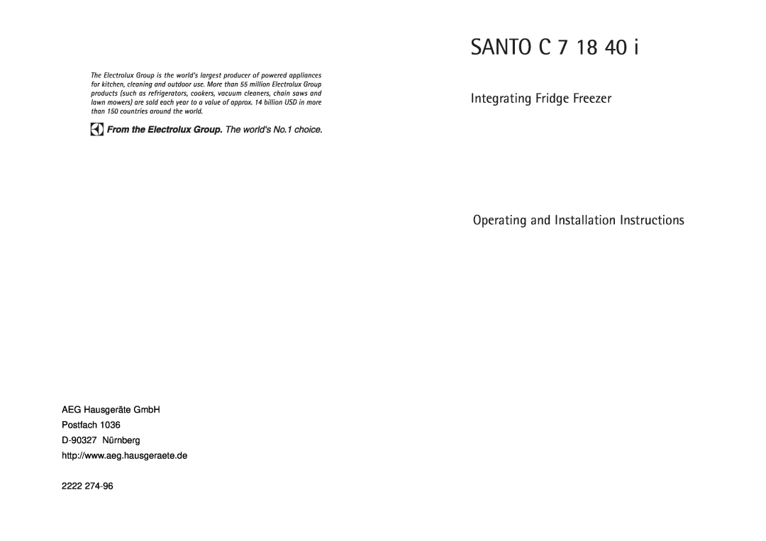 AEG C 7 18 40 I installation instructions SANTO C 7, Integrating Fridge Freezer Operating and Installation Instructions 