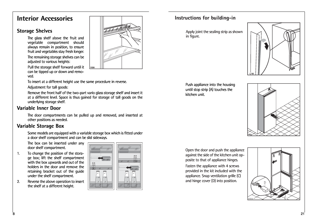 AEG C 7 18 40 I Instructions for building-in, Storage Shelves, Variable Inner Door, Variable Storage Box 