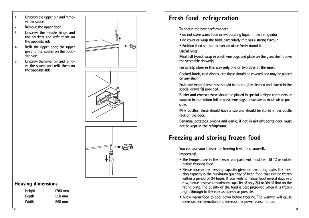 AEG C 7 18 40 I installation instructions Fresh food refrigeration, Freezing and storing frozen food, Housing dimensions 