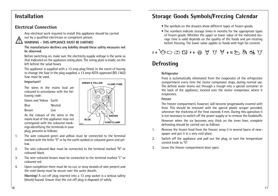 AEG C 7 18 41-4I Installation, Storage Goods Symbols/Freezing Calendar, Defrosting, Electrical Connection 