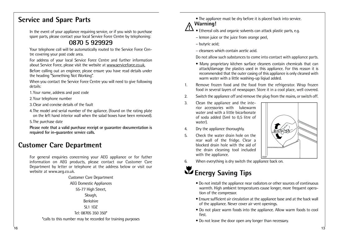 AEG C 7 18 41-4I installation instructions Service and Spare Parts, 0870 5, Customer Care Department, Energy Saving Tips 