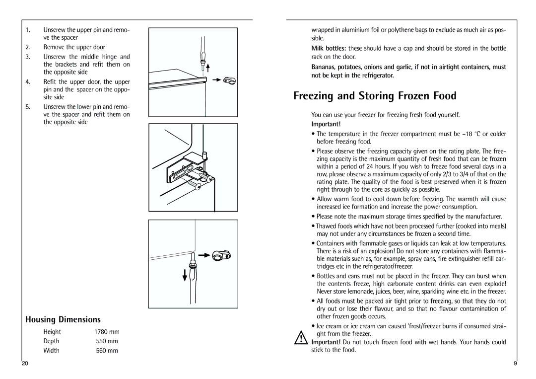 AEG C 7 18 41-4I installation instructions Freezing and Storing Frozen Food, Housing Dimensions, Height, Depth, Width 