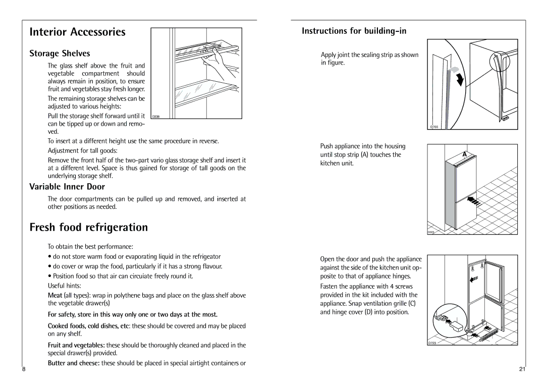 AEG C 7 18 41 I Interior Accessories, Fresh food refrigeration, Instructions for building-in Storage Shelves 