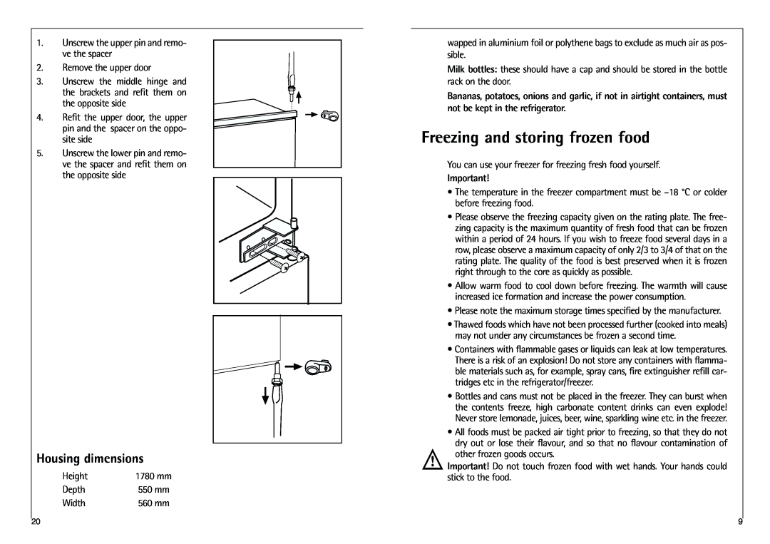 AEG C 7 18 41 I installation instructions Freezing and storing frozen food, Housing dimensions 